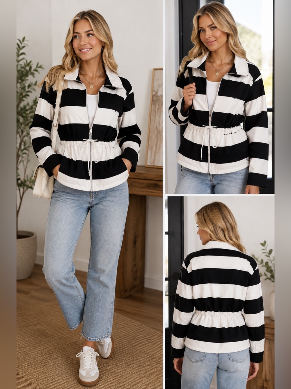 Kate Hill Black White Striped Zip Front Jacket PM Petite Medium Drawstring Waist